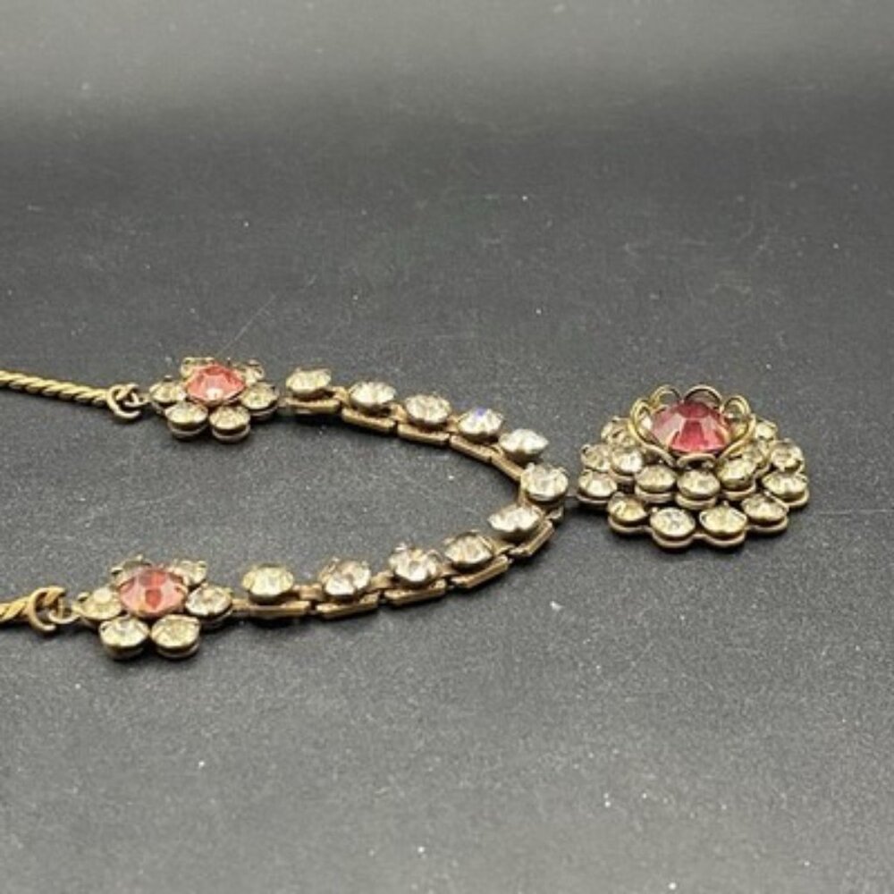 Vtg 1940s Rhinestone Necklace Dark Pink Clear Floral Brass UV Glow Stones 16.5" - Picture 9 of 10